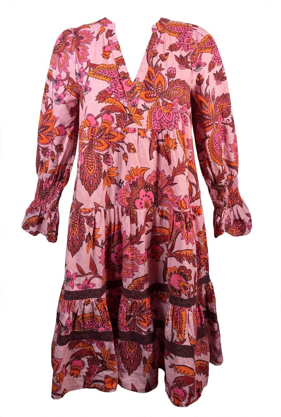 Tuckernuck Pink Floral Tiered Mini Dress S Cotton Smocked Cuff V-Neck